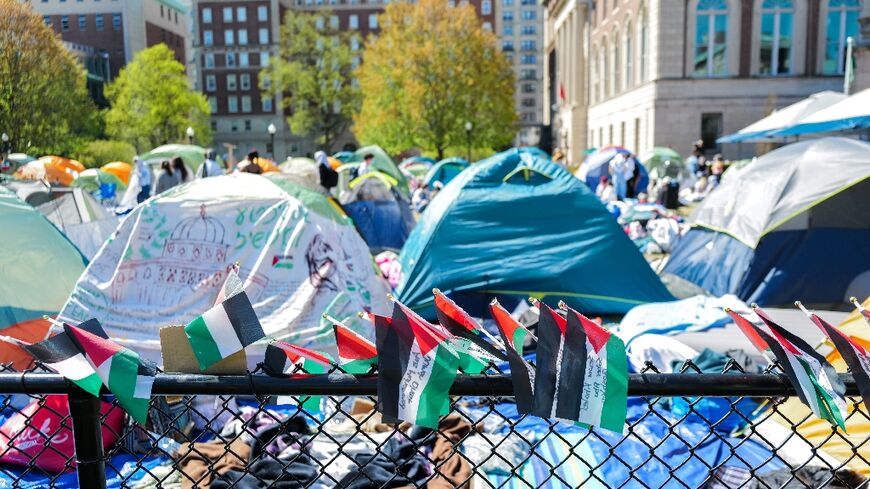 Palestinian flags are seen around the encampment on the campus of Columbia University in New York City on April 23, 2024