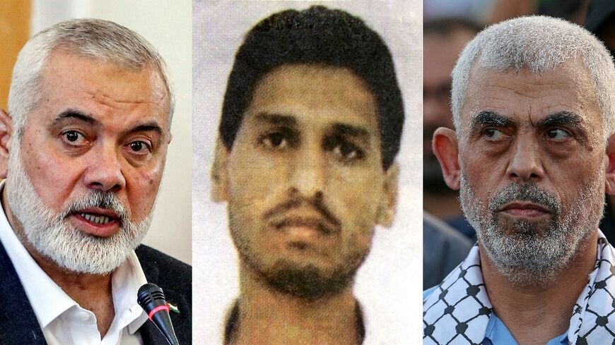 Hamas leaders from left to right: Qatar-based political chief Ismail Haniyeh, Gaza military commander Mohammed Deif and Gaza leader Yahya Sinwar 