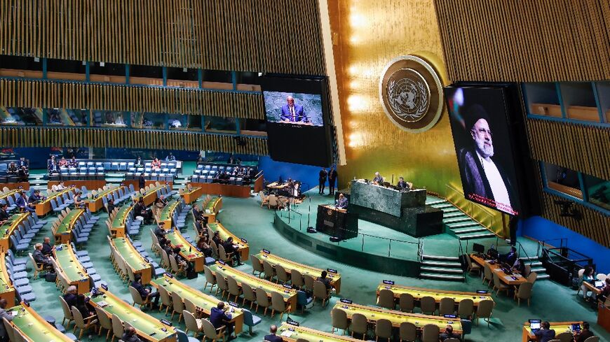 A picture of the late Iranian president Ebrahim Raisi is displayed as the UN General Assembly holds a tribute on May 30, 2024