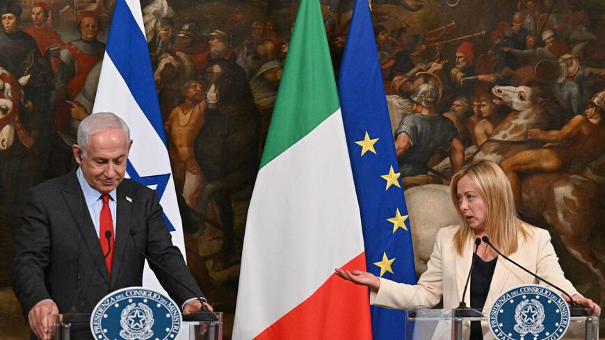 Italy's Prime Minister, Giorgia Meloni and Israel's prime minister Benjamin Netanyahu hold a joint press conference following their meeting on March 10, 2023 at Palazzo Chigi in Rome. (Photo by Alberto PIZZOLI / AFP) (Photo by ALBERTO PIZZOLI/AFP via Getty Images)