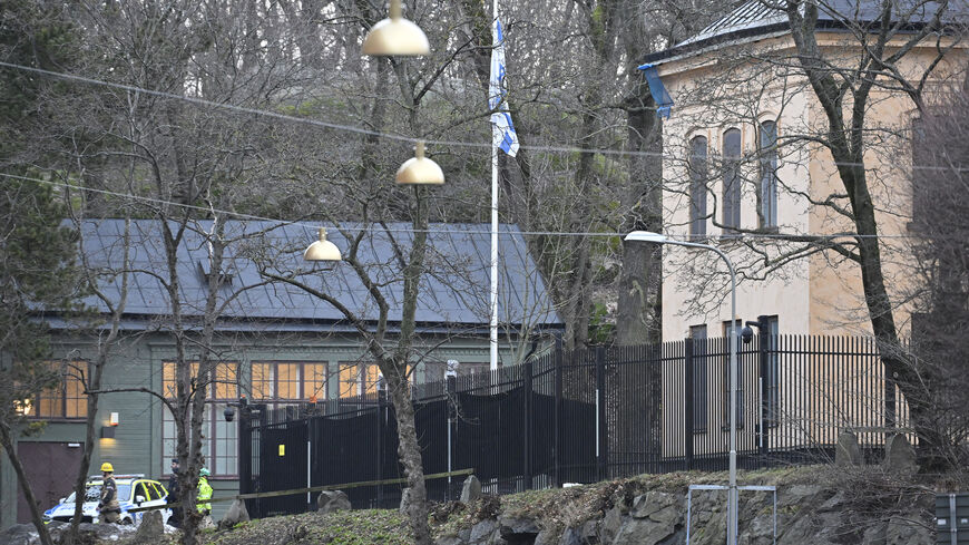 A police car is seen outside the Israeli Embassy in Stockholm, Swedem, Jan. 31, 2024.