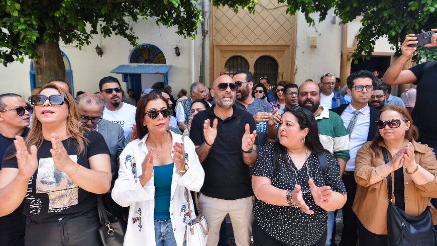 Tunisian journalists chanted slogans President Karis Saied in front of the Tunis court where Borhen Bssaies and Mourad Zeghidi were on trial