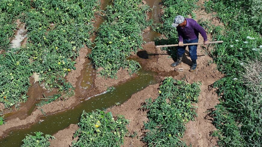 Syrian farmer Mohammed Ramadan, 42, channels water to his crops