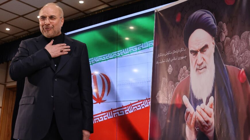 Iranian parliament speaker Mohammad Bagher Ghalibaf at a press conference after submitting his candidacy for June 28 presidential vote