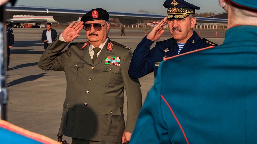 Khalifa Haftar, at left, on a visit to Moscow in September, 2023, is now in his early 80s