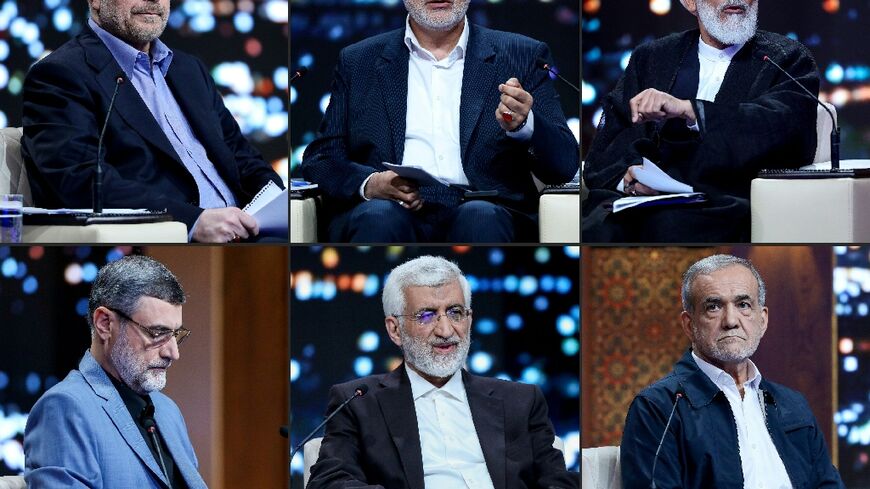 A combination created of handout pictures shows presidential candidates (clockwise) Mohammad Bagher Ghalibaf, Alireza Zakani, Mostafa Pourmohammadi, Masoud Pezeshkian, Saeed Jalili, and Amirhossein Ghazizadeh-Hashemi
