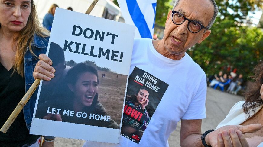 Yakov Argamani, father of Israeli hostage Noa Argamani, 26, speaks to journalists in Tel Aviv on December 16, 2023