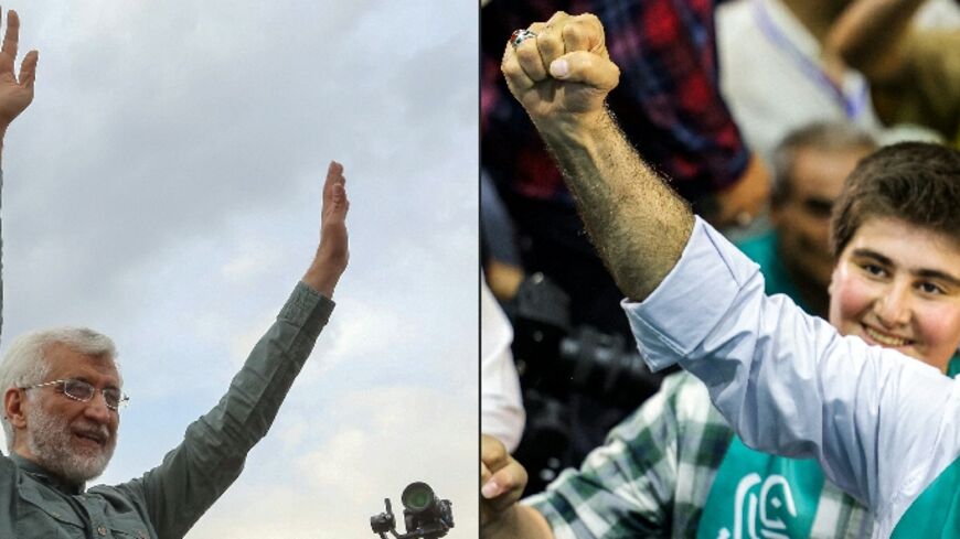 A combination of photos shows ultraconservative Saeed Jalili (L) and reformist Masoud Pezeshkian (R), who will compete in a runoff election for president of Iran