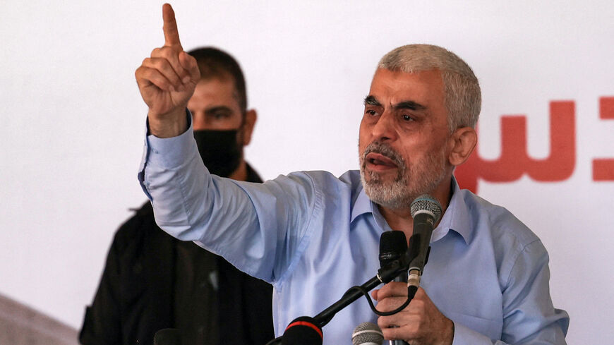 Yahya Sinwar, Hamas' political chief in Gaza, speaks during a rally organised by the representatives of prominent families (mokhtar) in support of "the Palestinian resistence" in Gaza City, on June 20, 2021. 