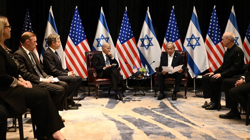 National security adviser Jake Sullivan (2nd L), US Secretary of State Antony Blinken (3rd L) and US President Joe Biden (4th L) listen to Israel's Prime Minister Benjamin Netanyahu.