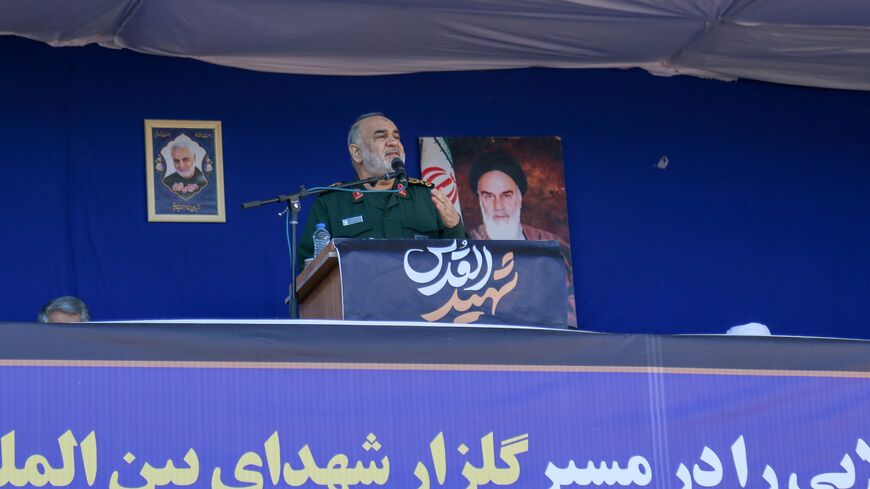 Iranian commander-in-chief of the Islamic Revolutionary Guard Corps Hossein Salami speaks during the funeral ceremony for victims of twin explosions near the cemetery where the grave of Iran's former top military commander Gen. Qassem Soleimani is located on Jan. 05, 2024, in Kerman, Iran. 
