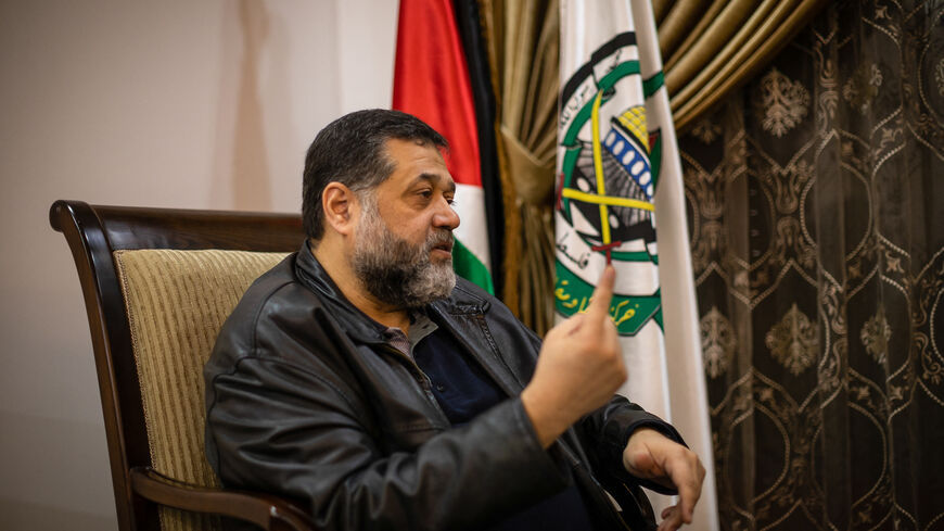 01/18/2024 Nablus, Palestine. Osama Hamdan, chief of Hamas' Foreign relations and member of its political bureau, conducts an interview in a Hamas office in the southern suburb of Dahiyeh in Beirut, Lebanon. (Photo by Oliver Marsden / Middle East Images / Middle East Images via AFP) (Photo by OLIVER MARSDEN/Middle East Images/AFP via Getty Images)