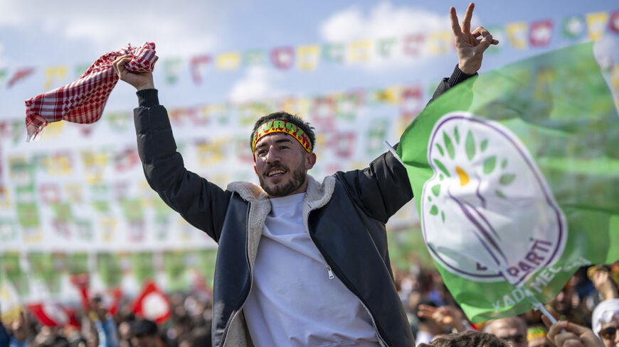 Supporters of the Pro-Kurdish Peoples' Equality and Democracy Party (DEM) take part in the Kurdish celebration of Nowruz (aka Noruz or Newroz), the New Year of the Persian calendar, in Istanbul on March 17, 2024. 