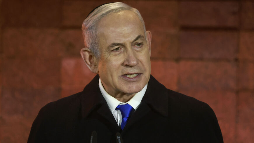 Israel's Prime Minister Benjamin Netanyahu speaks during a ceremony marking Holocaust Remembrance Day for the six million Jews killed during World War II, at the Yad Vashem Holocaust Memorial in Jerusalem on May 5, 2024. 