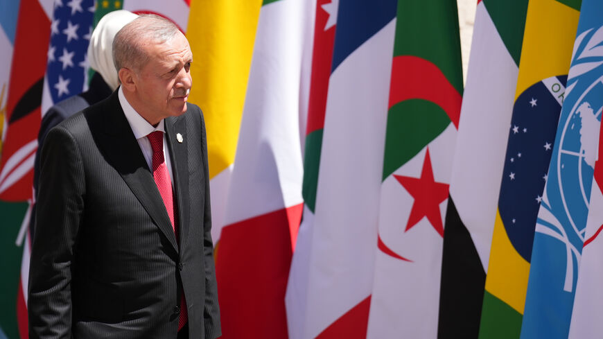 FASANO, ITALY - JUNE 14: President of Turkey, Recep Tayyip Erdogan is welcomed by Italy's Prime Minister Giorgia Meloni on day two of the 50th G7 summit at Borgo Egnazia on June 14, 2024 in Fasano, Italy. The G7 summit in Puglia, hosted by Italian Prime Minister Giorgia Meloni, the seventh held in Italy, gathers leaders from the seven member states, the EU Council, and the EU Commission. Discussions will focus on topics including Africa, climate change, development, the Middle East, Ukraine, migration, Indo