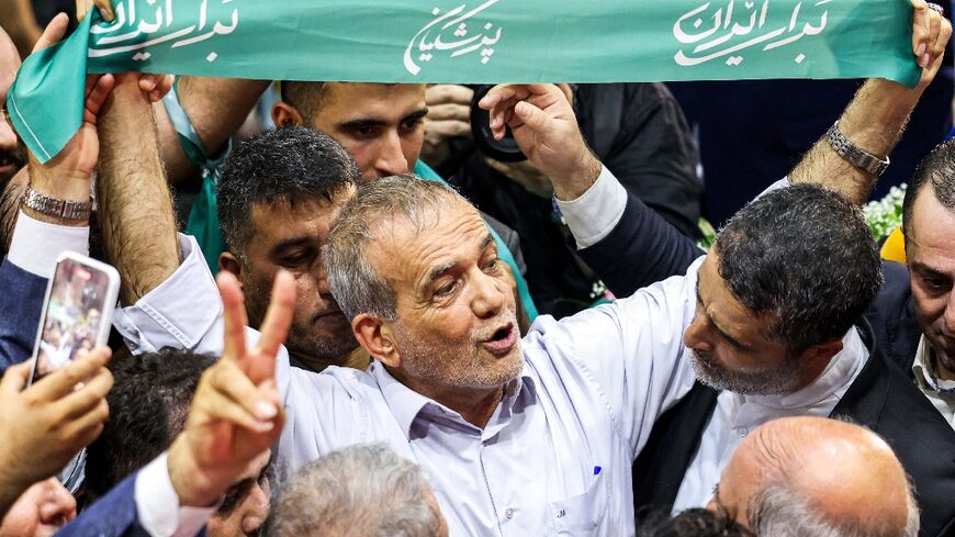 Iranian reformist presidential candidate Massoud Pezeshkian at a campaign rally in Tehran