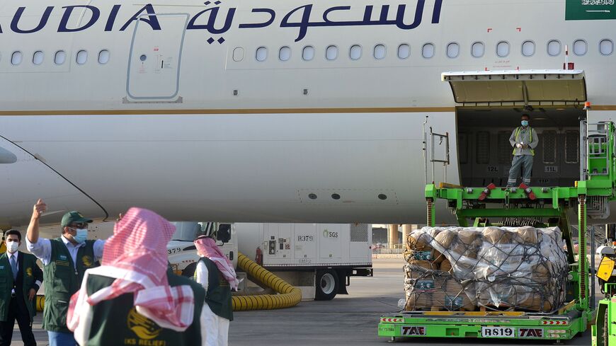 Saudis organize medical aid to be loaded into a plane as Saudi Arabia begins sending field hospitals and medical aid to Lebanon.