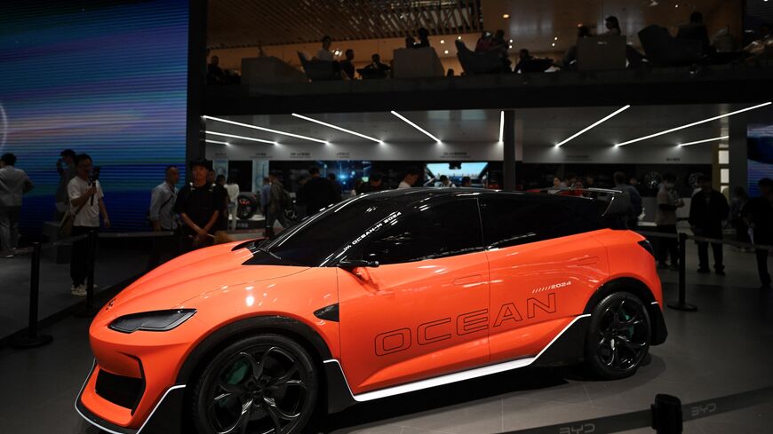 A BYD Ocean-M electric car is displayed at the Beijing Auto Show in Beijing on April 25, 2024.