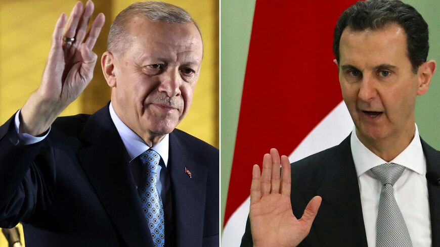 This combination of file photographs created on July 7, 2024, shows Turkey's President Recep Tayyip Erdogan (L) in Ankara on May 29, 2023, and Syria's President Bashar al-Assad in Damascus on July 16, 2023. 