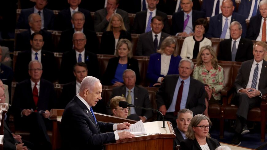 Israeli Prime Minister Benjamin Netanyahu addresses a joint meeting of Congress in the chamber of the House of Representatives at the US Capitol on July 24, 2024, in Washington, DC. 