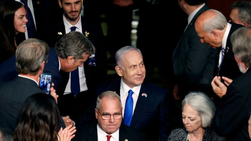 Israeli Prime Minister Benjamin Netanyahu arrives to address a joint gathering of Congress in the chamber of the House of Representatives at the US Capitol, Washington, DC, July 24, 2024. 