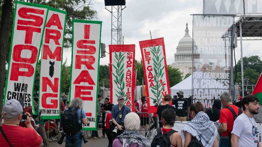 Pro-Palestinian demonstrators protest near the US Capitol before  Israeli Prime Minister Benjamin Netanyahu addresses a joint meeting of Congress on July 24, 2024, in Washington, DC