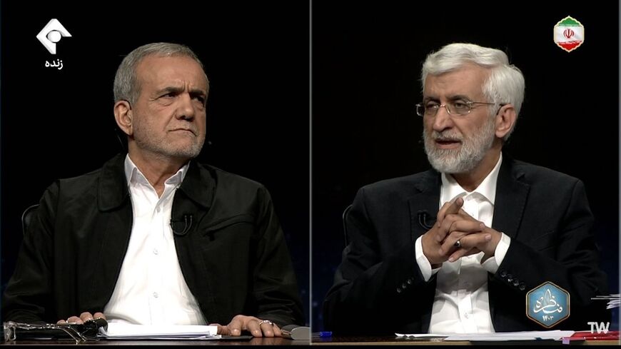 Presidential candidates Masoud Pezeshkian (L) and Saeed Jalili are seen in a screen grab from Monday's debate.