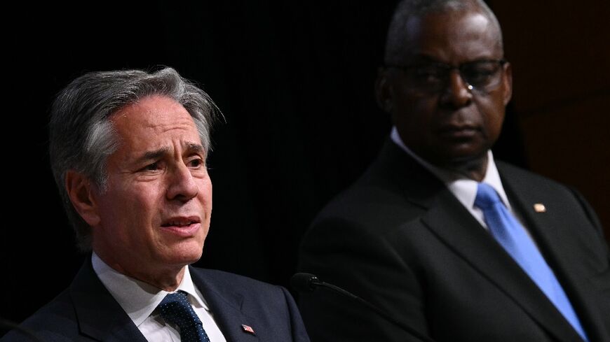 US Secretary of State Antony Blinken and Defense Secretary Lloyd Austin attend a press conference after talks with their Australian counterparts at the US Naval Academy in Annapolis, Maryland