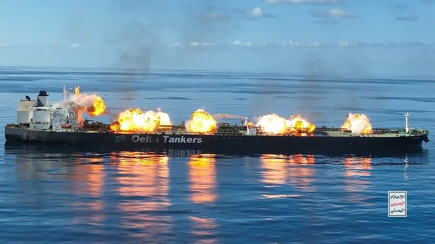 This picture released on by Yemen's Huthi Ansarullah Media Centre shows fireballs and smoke aboard the oil tanker Sounion