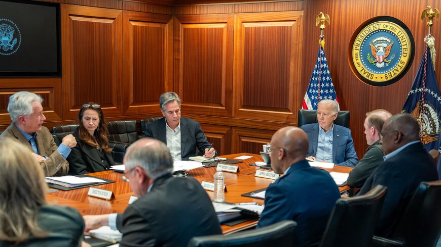 US President Joe Biden meets with members of the National Security team regarding the unfolding missile attacks on Israel from Iran, on April 13, 2024.