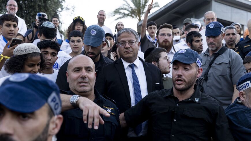 Israeli Minister of National Security Itamar Ben Gvir takes part in the Jerusalem Day Flag March in the Old City on June 5, 2024 in Jerusalem.