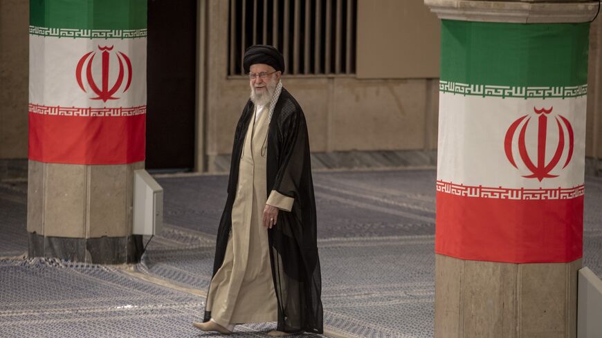 Iran's supreme leader, Ayatollah Ali Khamenei, seen as he casts his vote for the snap presidential election at the Imam Khomeini Husseiniya on June 28, 2024, in Tehran, Iran. 