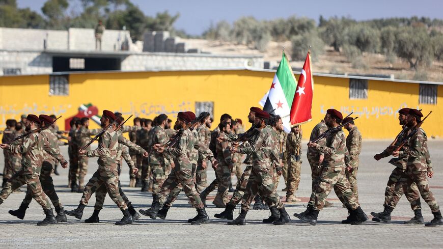 Turkish-backed Syrian fighters from the Turkish-backed 1st Corps of the Samarkand Brigade take part in a military parade in the opposition-held Afrin region of northern Syria, on Nov. 23, 2022.