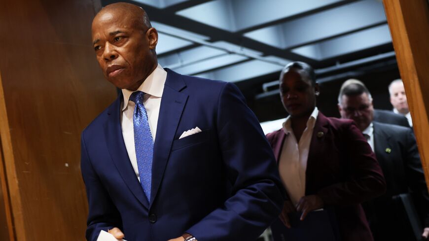 Mayor Eric Adams arrives for a press conference at 1 Police Plaza on April 18, 2023, in New York City.