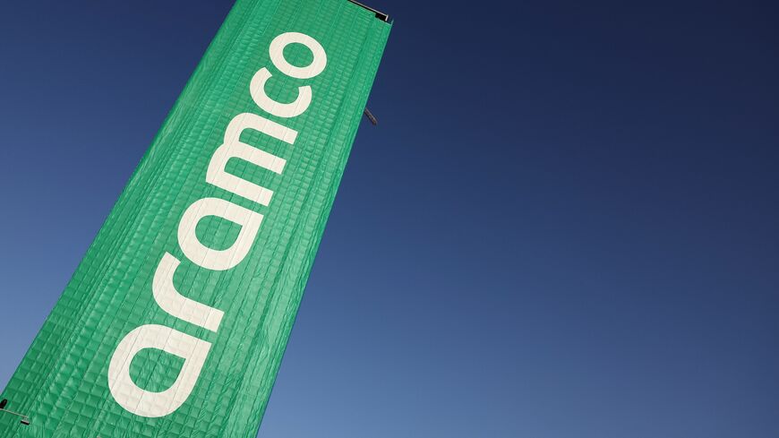 A banner bearing the Aramco logo is pictured at the Jeddah Corniche Circuit in Jeddah during the Saudi Arabian Formula One Grand Prix on March 8, 2024.