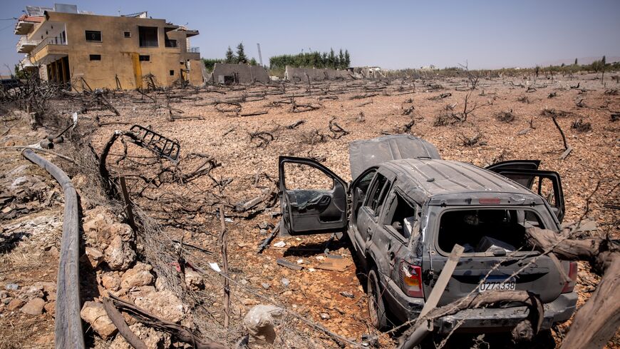 A destroyed car and apartment building are seen after an Israeli airstrike on Aug. 20 that killed one and injured fifteen others, Nabi Chit, Lebanon, Aug. 21, 2024.