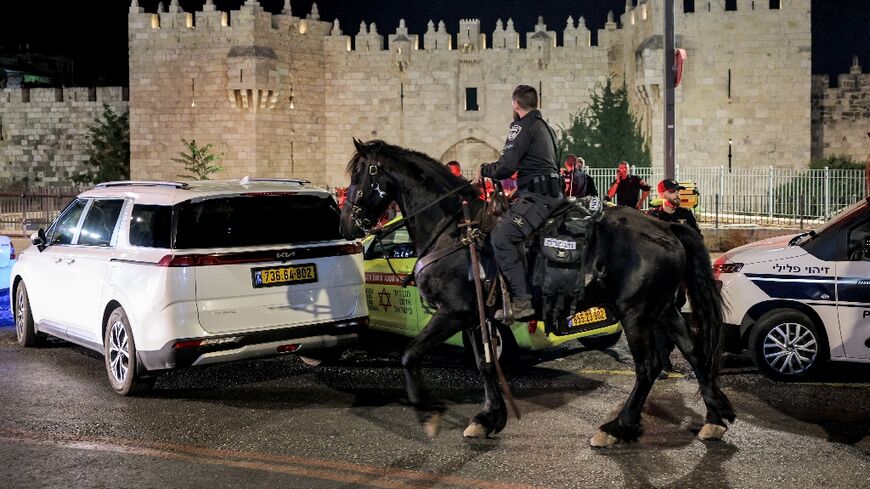 Israeli mounted police deploy near the scene of an attempted stabbing attack at the Damascus Gate of the Old City of Jerusalem