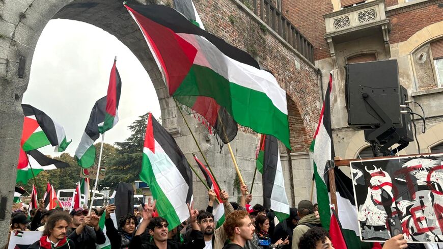 Pro-Palestinian demonstrators staged a peaceful march through Udine, Italy, ahead of Israel's Nations league game against Italy