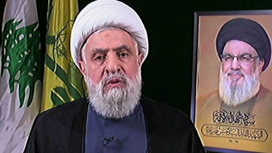 An image grab from Hezbollah's Al-Manar TV of Naim Qassem during his televised address