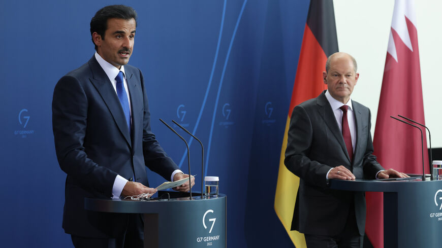 German Chancellor Olaf Scholz (R) and Emir of Qatar Sheikh Tamim bin Hamad al Thani speak to the media following talks at the Chancellery, Berlin, Germany, May 20, 2022.