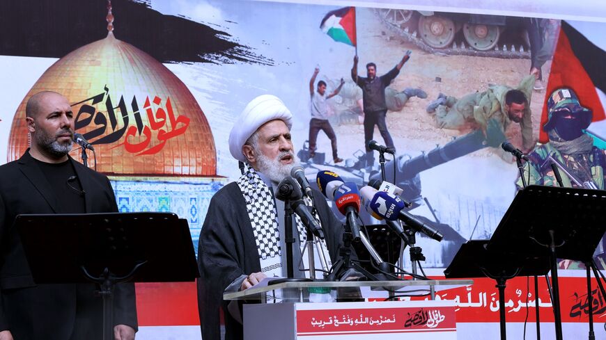 The deputy chief of Lebanon's Shiite militant group Hezbollah, Sheikh Naim Qassem, delivers a speech during a rally in Beirut on Oct. 13, 2023.