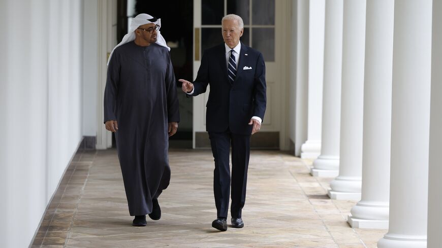 US President Joe Biden and UAE President Sheikh Mohamed bin Zayed Al Nahyan walk to the Oval Office for a meeting, where the two discussed AI and ending the war in Gaza on Sept. 23, 2024, in Washington.