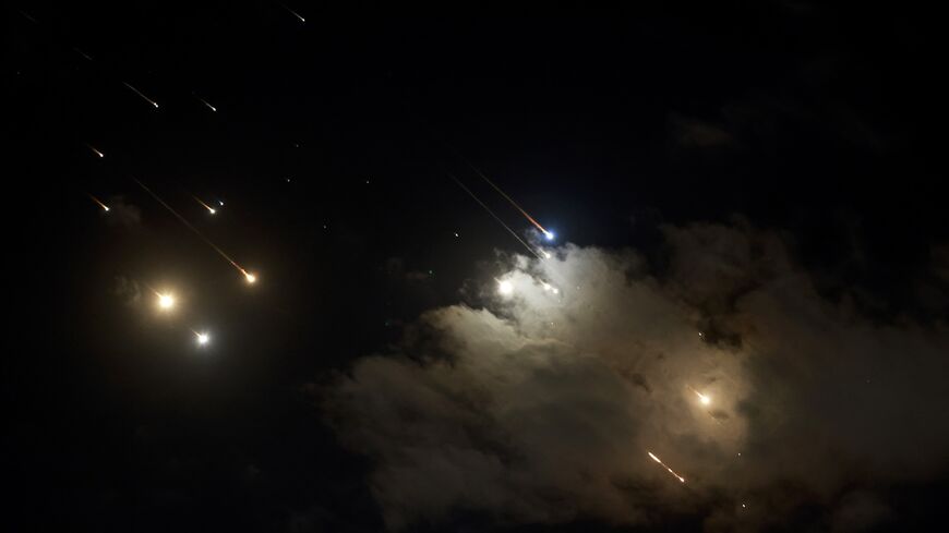 This picture shows Iranian launched projectiles being intercepted by Israel above Jerusalem, on Oct. 1, 2024. 