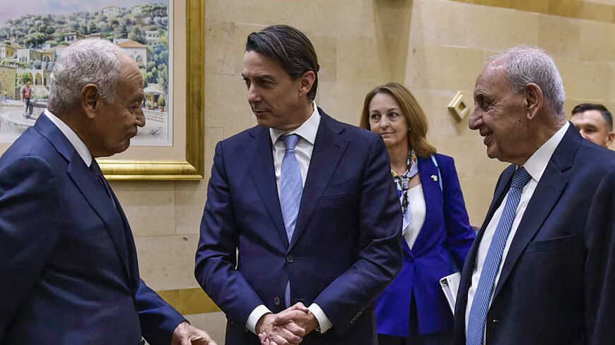 US Envoy Amos Hochstein (C) speaks with Arab League Secretary-General Ahmed Aboul Gheit (L) and Lebanon's Parliament Speaker Nabih Berri (R) in Beirut on October 21, 2024. (Photo by AFP) (Photo by -/AFP via Getty Images)