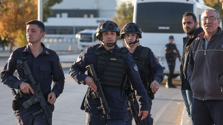 ANKARA, TURKEY - OCTOBER 23: Turkish Jandarma stand guard at the entrance to the Turkish Aerospace Industries facility following an attack on October 23, 2024 in Ankara, Turkey. An attack occurred at the Turkish Aerospace Industries facility in Ankara, with preliminary reports suggesting two attackers detonated an explosive device and opened fire at the entrance gate of the facility. (Photo by Serdar Ozsoy/Getty Images)