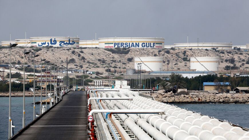 A picture taken on March 12, 2017, shows a view of an oil facility in the Khark Island, on the shore of the Gulf. 