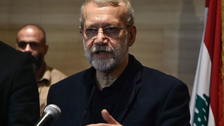 Ali Larijani speaks to reporters after meeting Lebanon's parliament speaker in Beirut