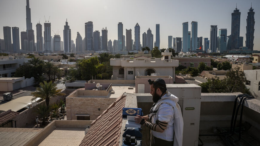 Rabbi Levi Duchman performs morning prayers on the roof of the Jewish Community Center of the UAE, Dubai, United Arab Emirates, March 22, 2021.