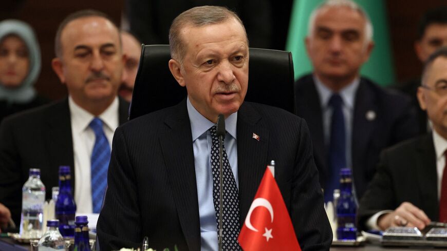 Turkish President Recep Tayyip Erdogan looks on during an Extraordinary Summit of the Heads of State of the Organization of Turkic States (OTS), in Ankara, on March 16, 2023. 