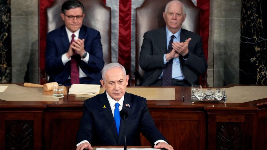 Israeli Prime Minister Benjamin Netanyahu addresses a joint meeting of Congress in the chamber of the House of Representatives at the US Capitol, on July 24, 2024, in Washington.